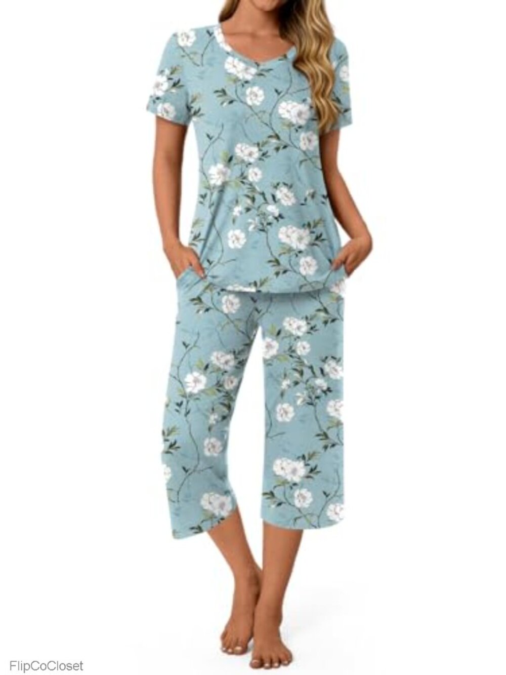 Women's 2-Piece V-Neck Short Sleeve Capri Pajama Set with Pockets Rayon Lounge